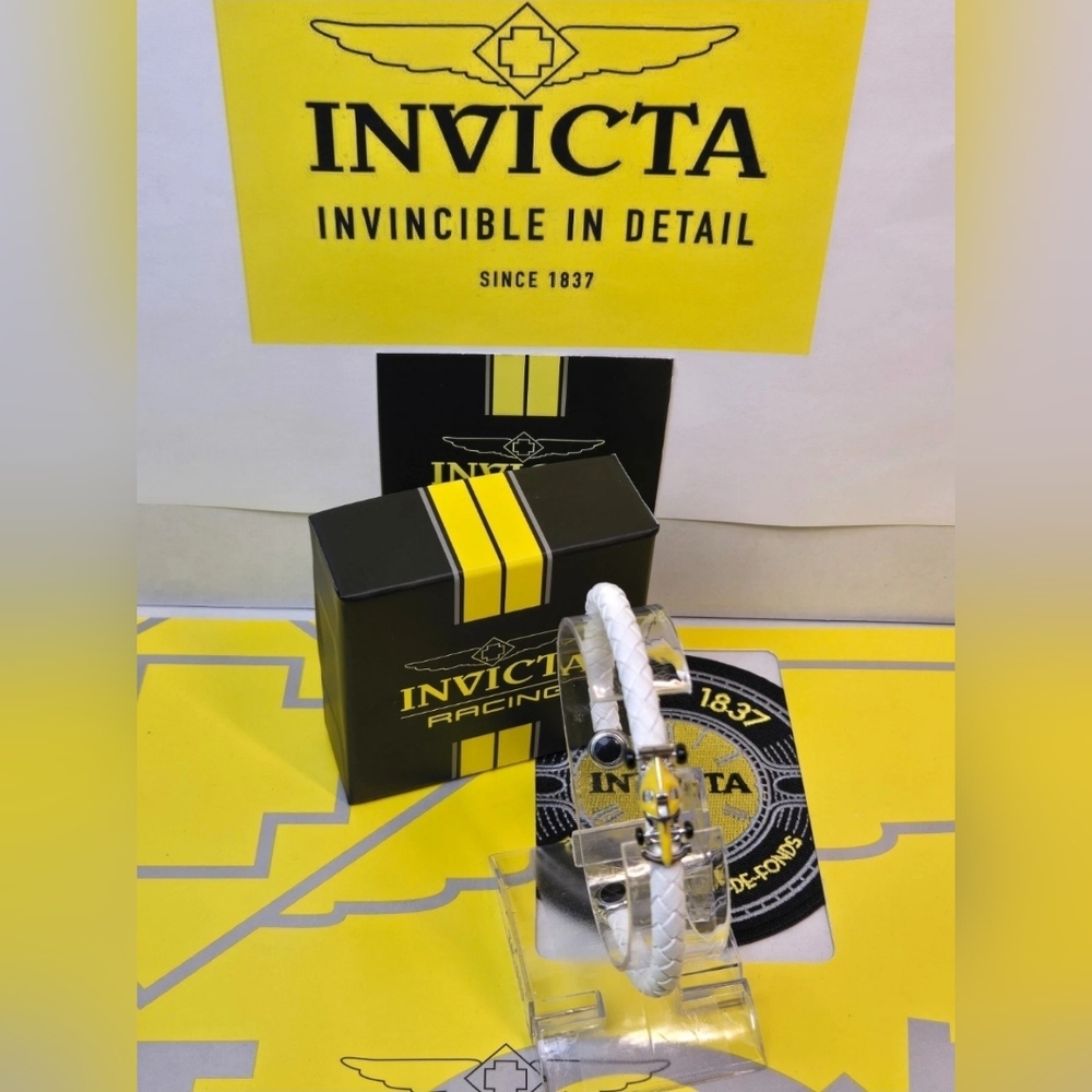 Invicta Racing Cuff Bracelet White Braided Leather Band IG0353 F1 Race Car